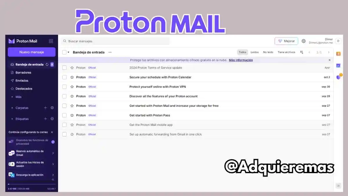 Interfaz de Proton Mail con bandeja de entrada segura y cifrada