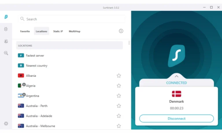Interfaz de Surfshark VPN con funciones de seguridad activas