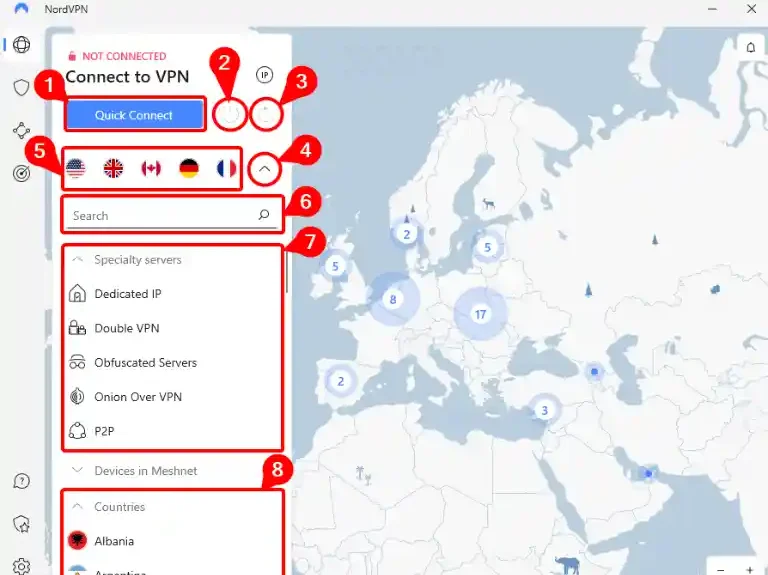 Panel de NordVPN con mapa de servidores activos