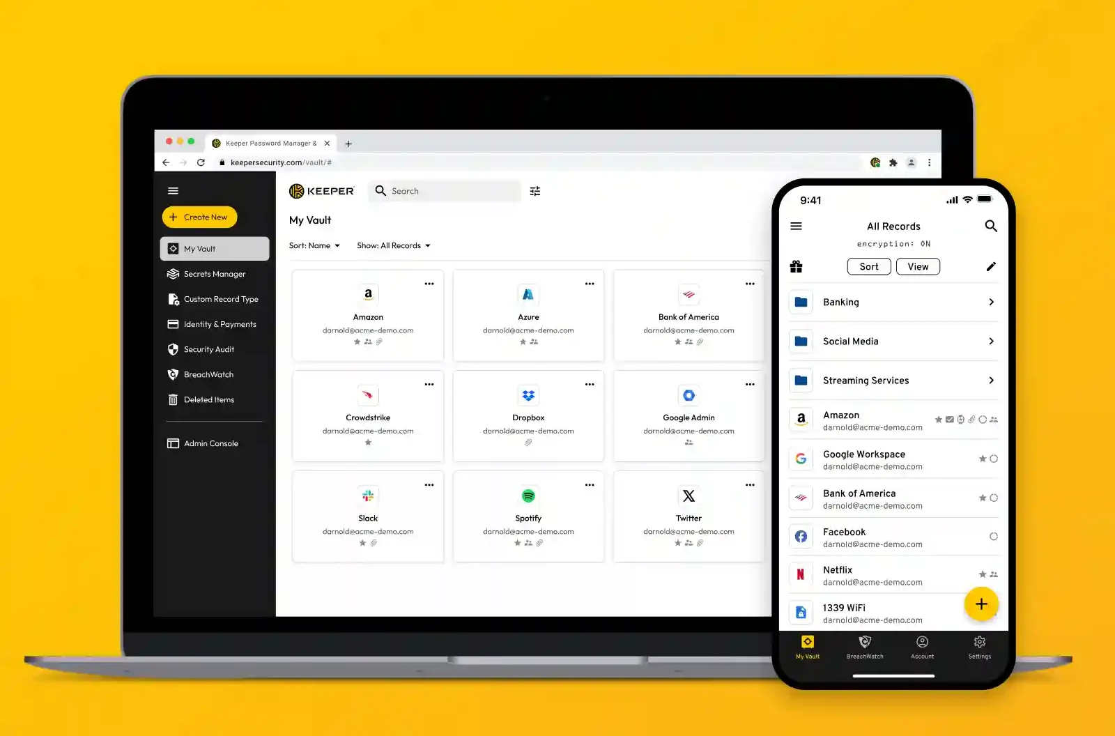 Keeper Security dashboard con opciones de seguridad y autenticación en dos pasos