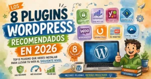 Infografía con los 8 mejores plugins de WordPress en 2026: WPS Hide Login, Rank Math, Yoast SEO, LiteSpeed Cache, WooCommerce, UpdraftPlus, Ad Inserter y Contact Form 7