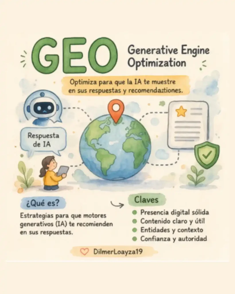 GEO (Generative Engine Optimization) es la práctica de optimizar contenido para que los motores de búsqueda con inteligencia artificial —como ChatGPT, Gemini o Perplexity— lo citen y recomienden en sus respuestas. 