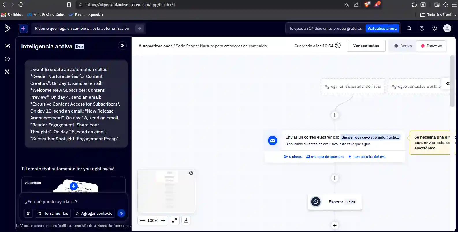 Automatización de nutrición abierta en el editor visual de ActiveCampaign