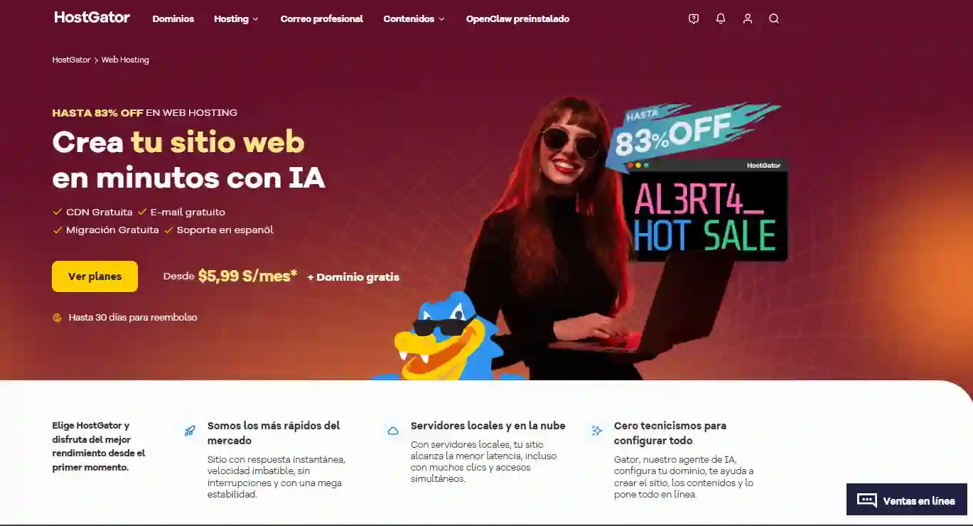 Página de web hosting de HostGator con soporte en español
