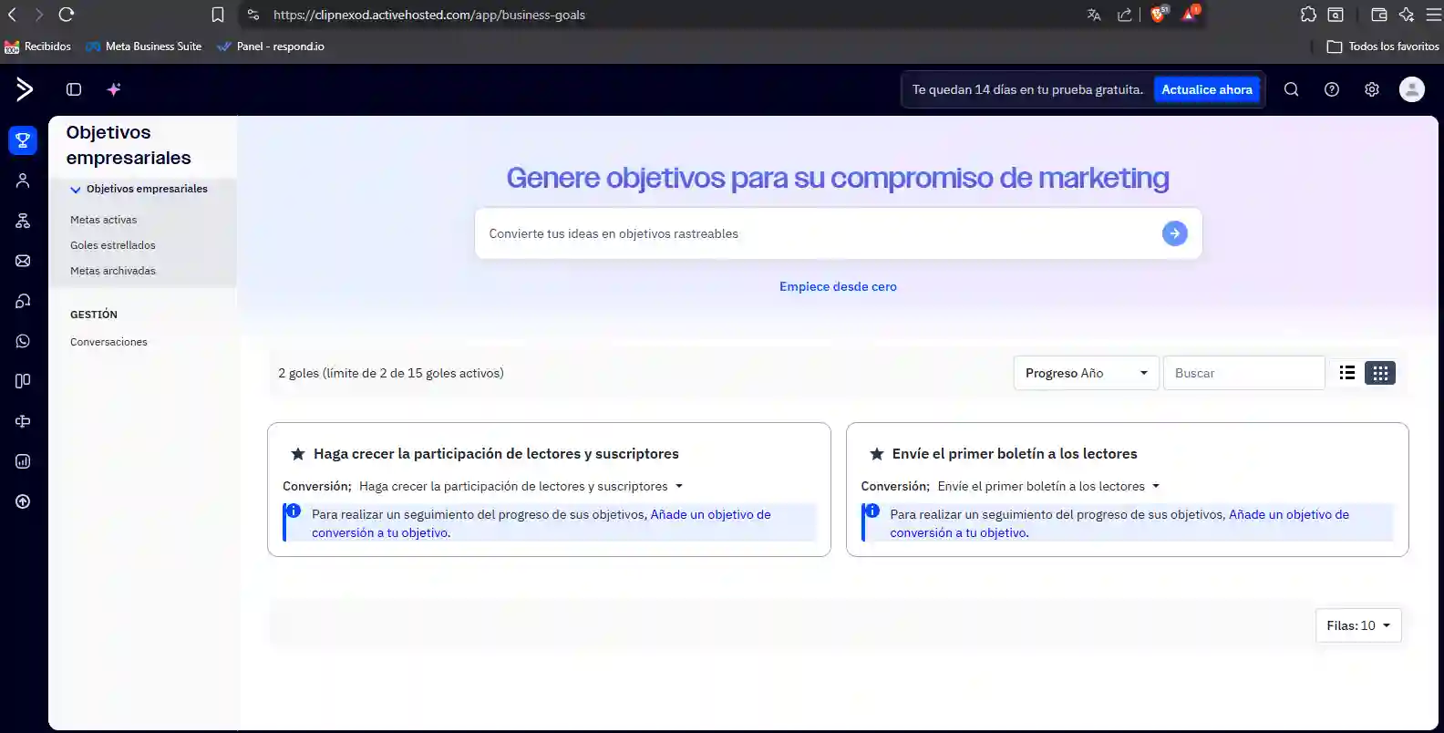 Objetivos empresariales configurados dentro de ActiveCampaign