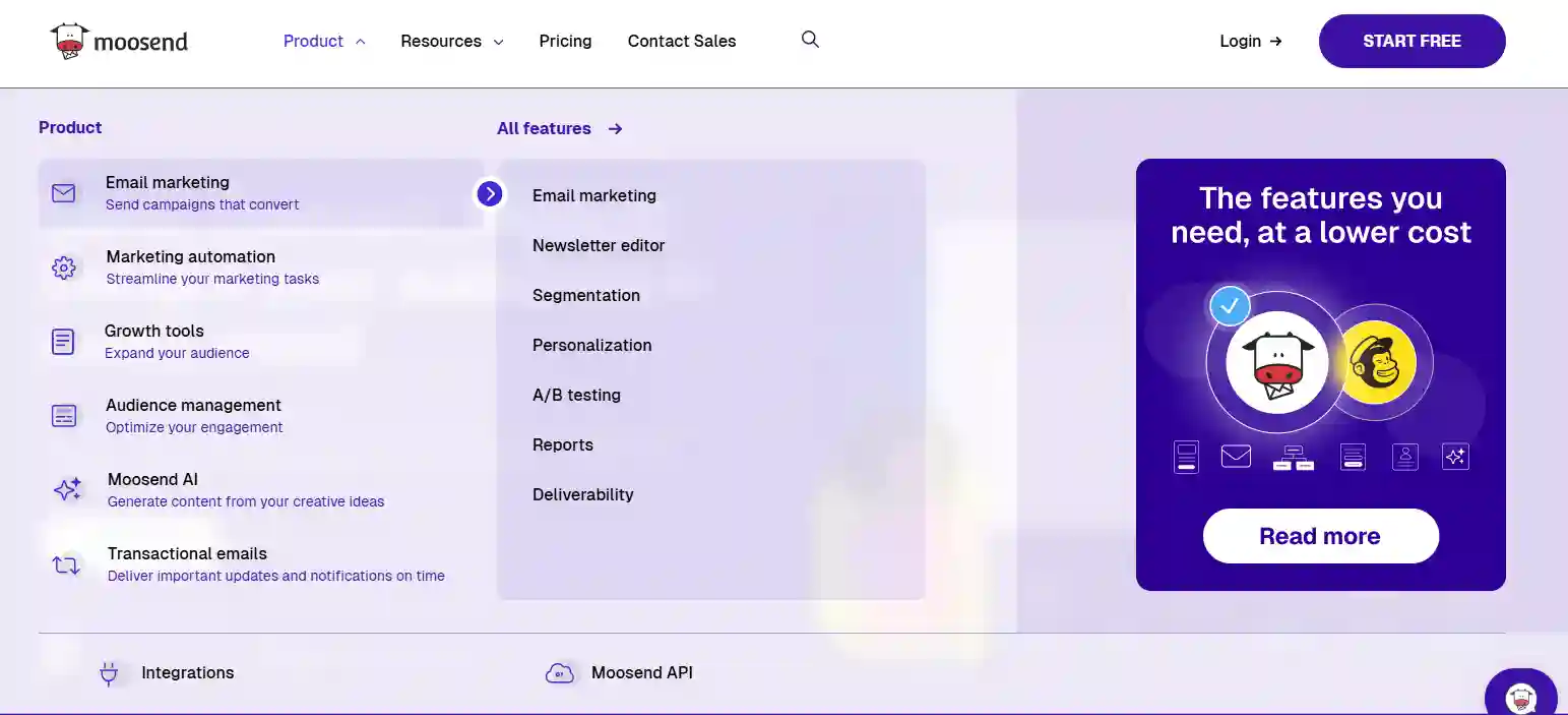 Productos de Moosend para email marketing, automatización y formularios